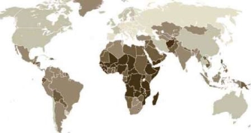 35. Який показник, що характеризує населення світу, покладено в основу легенди даної карти (більша інтенсивність фону відповідає більшому значенню показника)?